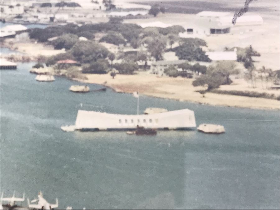 Signed Photograph Of The United States Ship Coral Sea CVA-43 Passing By The USS Arizona Memorial In Pearl Harbor Hawaii Personalized To Bill Harris 14' X 11' [Photo 5]