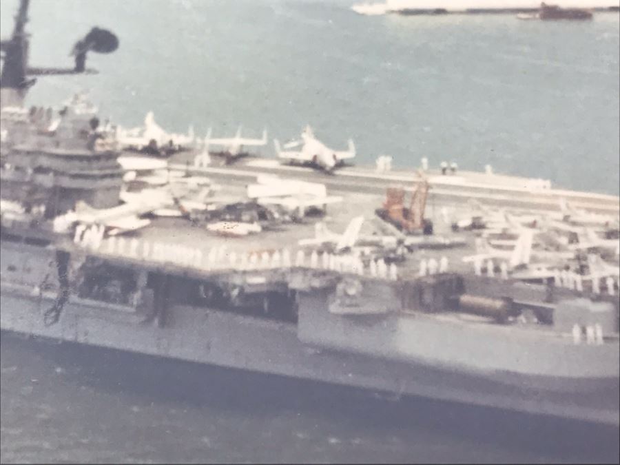Signed Photograph Of The United States Ship Coral Sea CVA-43 Passing By The USS Arizona Memorial In Pearl Harbor Hawaii Personalized To Bill Harris 14' X 11' [Photo 11]