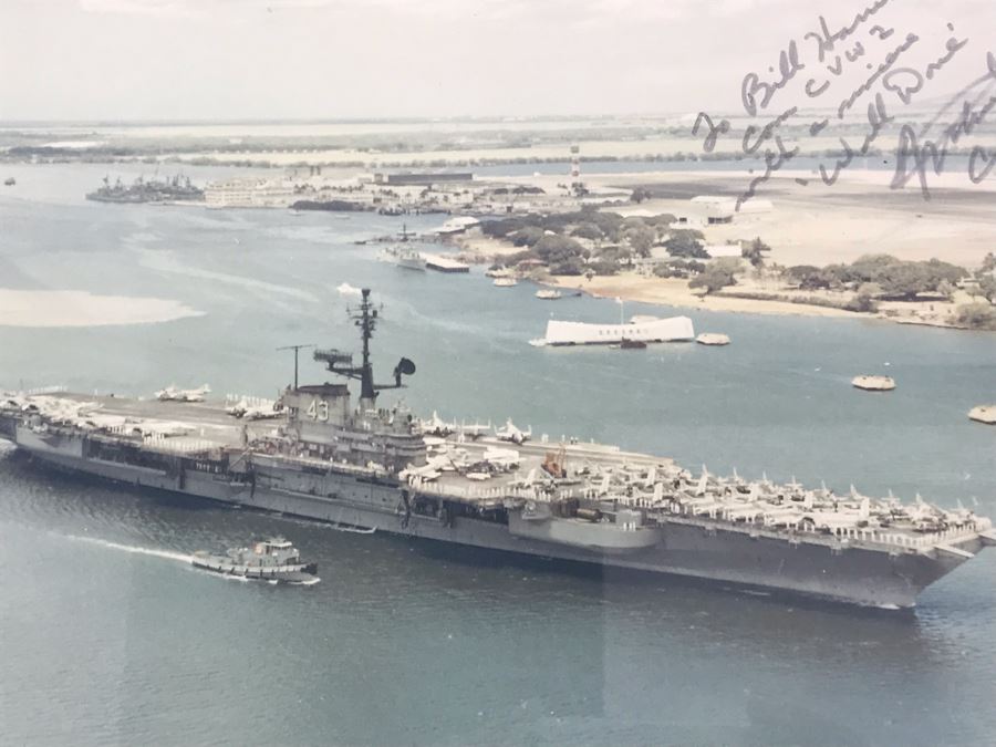 Signed Photograph Of The United States Ship Coral Sea CVA-43 Passing By The USS Arizona Memorial In Pearl Harbor Hawaii Personalized To Bill Harris 14' X 11' [Photo 4]