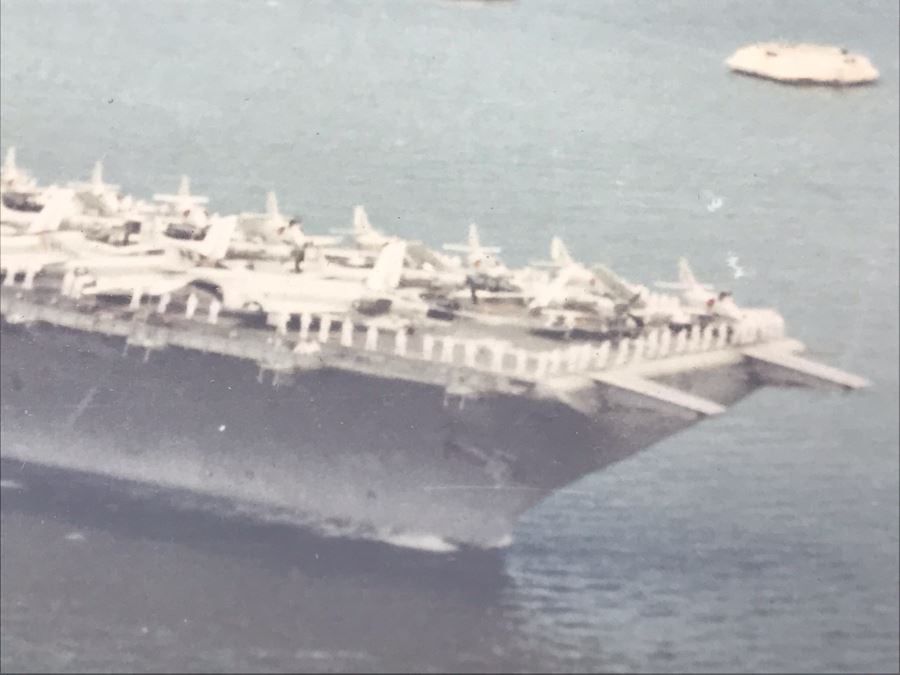 Signed Photograph Of The United States Ship Coral Sea CVA-43 Passing By The USS Arizona Memorial In Pearl Harbor Hawaii Personalized To Bill Harris 14' X 11' [Photo 13]