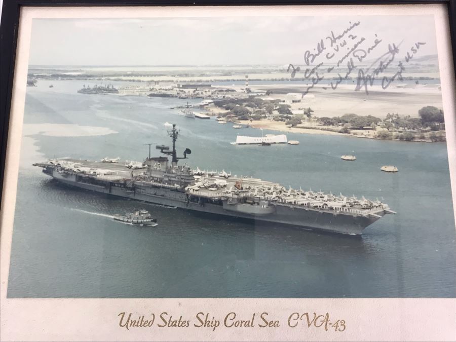 Signed Photograph Of The United States Ship Coral Sea CVA-43 Passing By The USS Arizona Memorial In Pearl Harbor Hawaii Personalized To Bill Harris 14' X 11' [Photo 3]