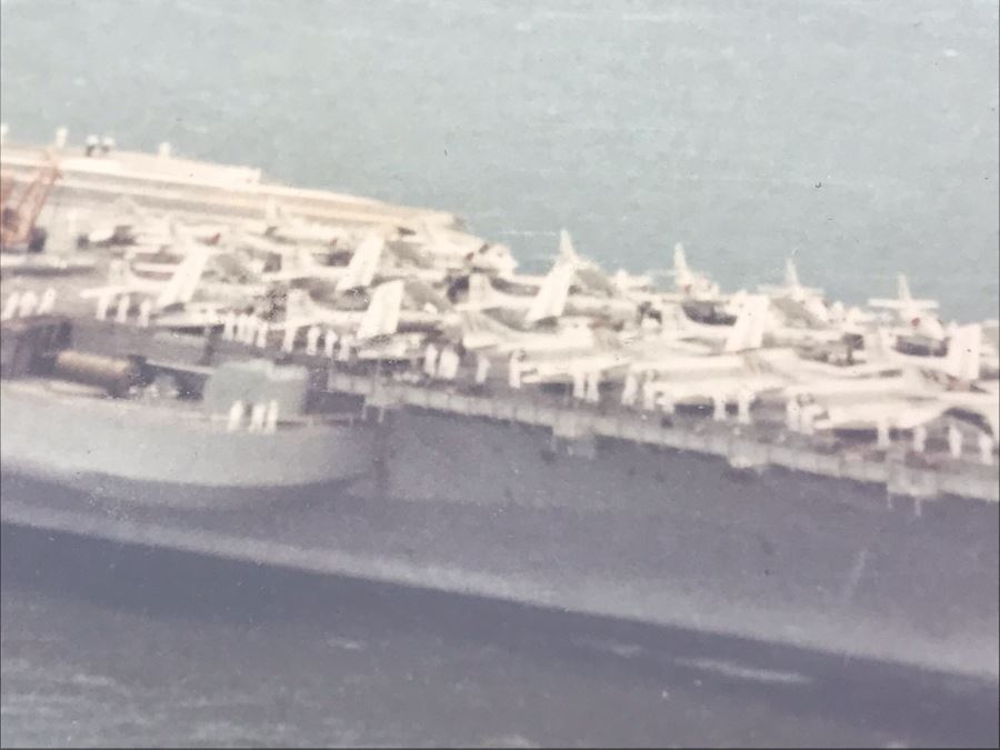 Signed Photograph Of The United States Ship Coral Sea CVA-43 Passing By The USS Arizona Memorial In Pearl Harbor Hawaii Personalized To Bill Harris 14' X 11' [Photo 12]