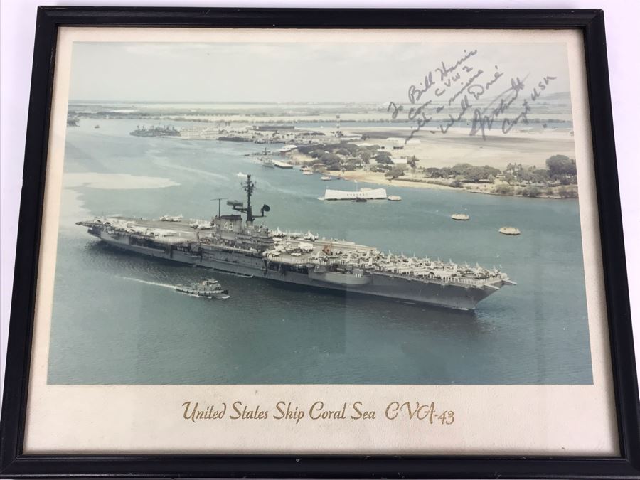 Signed Photograph Of The United States Ship Coral Sea CVA-43 Passing By The USS Arizona Memorial In Pearl Harbor Hawaii Personalized To Bill Harris 14' X 11' [Photo 2]