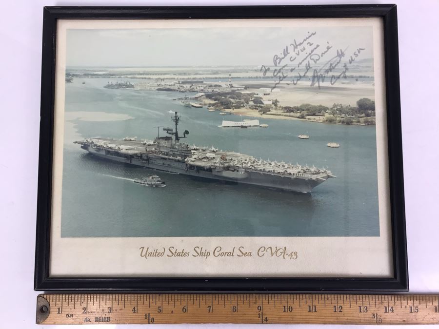 Signed Photograph Of The United States Ship Coral Sea CVA-43 Passing By The USS Arizona Memorial In Pearl Harbor Hawaii Personalized To Bill Harris 14' X 11'