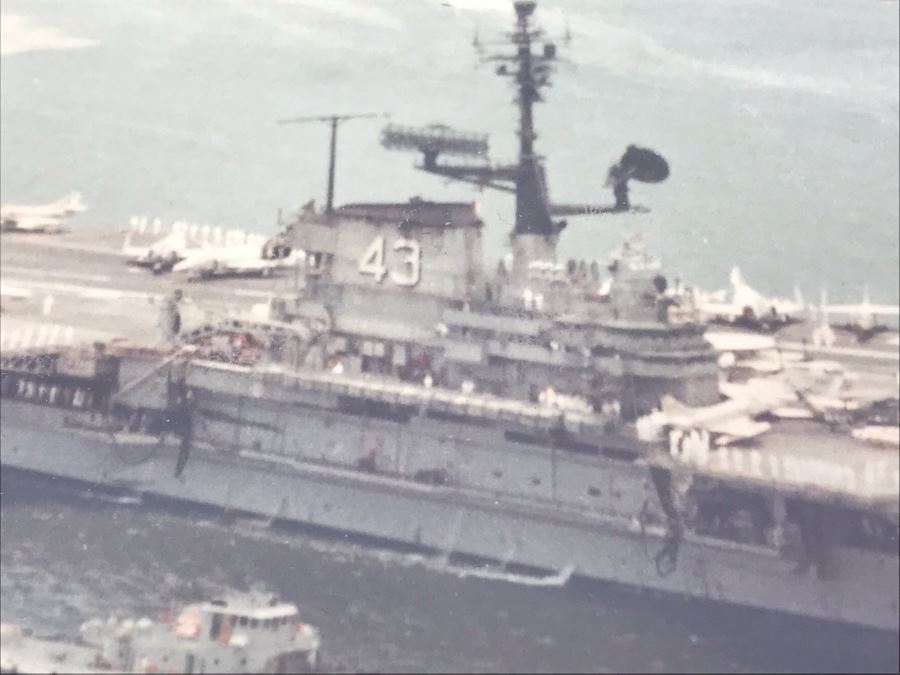 Signed Photograph Of The United States Ship Coral Sea CVA-43 Passing By The USS Arizona Memorial In Pearl Harbor Hawaii Personalized To Bill Harris 14' X 11' [Photo 10]