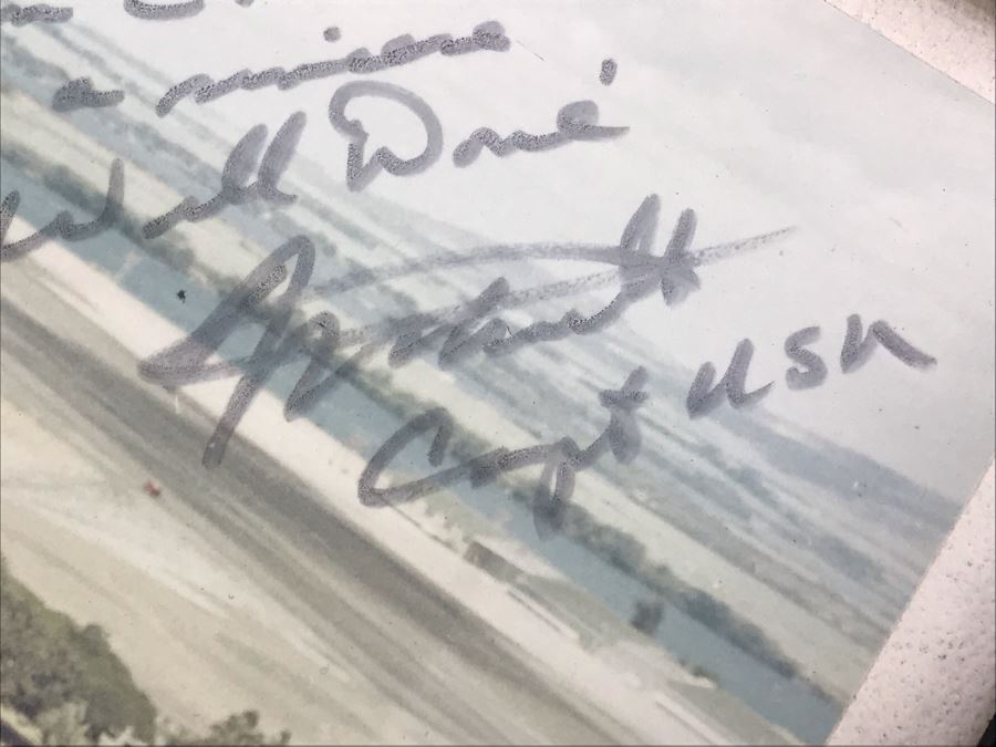 Signed Photograph Of The United States Ship Coral Sea CVA-43 Passing By The USS Arizona Memorial In Pearl Harbor Hawaii Personalized To Bill Harris 14' X 11' [Photo 7]