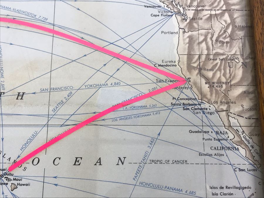 Tour Navigation Map Showing Route Of 1971-1972 Westpac Cruise USS Coral Sea CVA-43 'San Francisco's Own' From Navigation Department Framed In Vintage Oak Frame 20' X 16' [Photo 5]