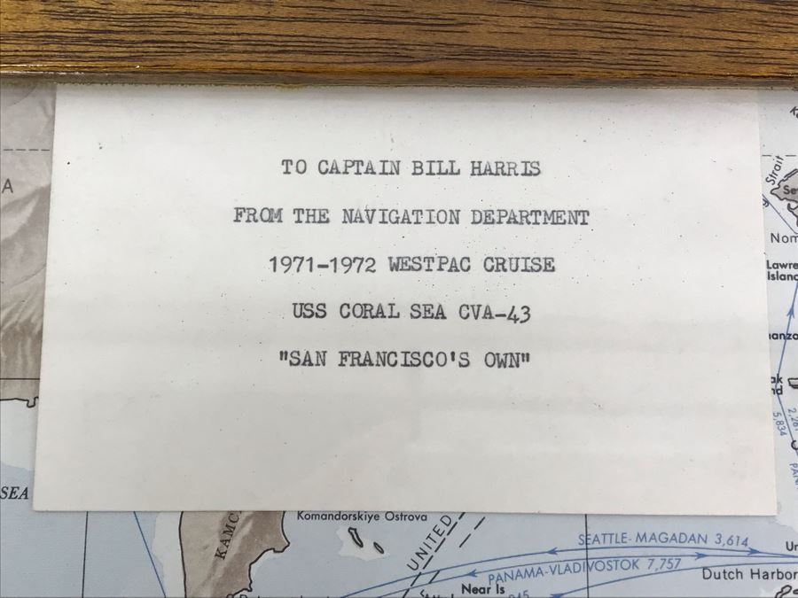 Tour Navigation Map Showing Route Of 1971-1972 Westpac Cruise USS Coral Sea CVA-43 'San Francisco's Own' From Navigation Department Framed In Vintage Oak Frame 20' X 16' [Photo 3]