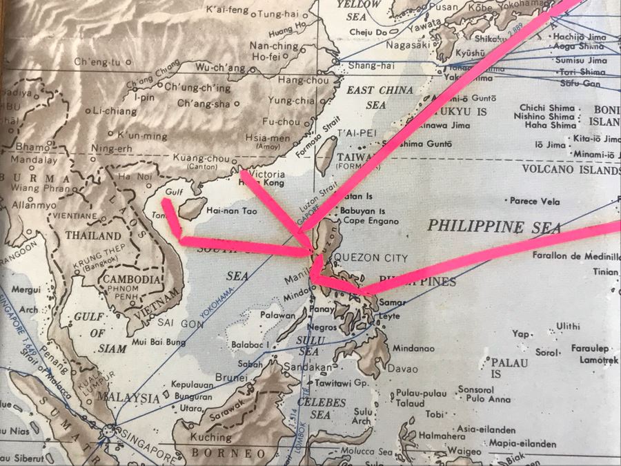 Tour Navigation Map Showing Route Of 1971-1972 Westpac Cruise USS Coral Sea CVA-43 'San Francisco's Own' From Navigation Department Framed In Vintage Oak Frame 20' X 16' [Photo 7]
