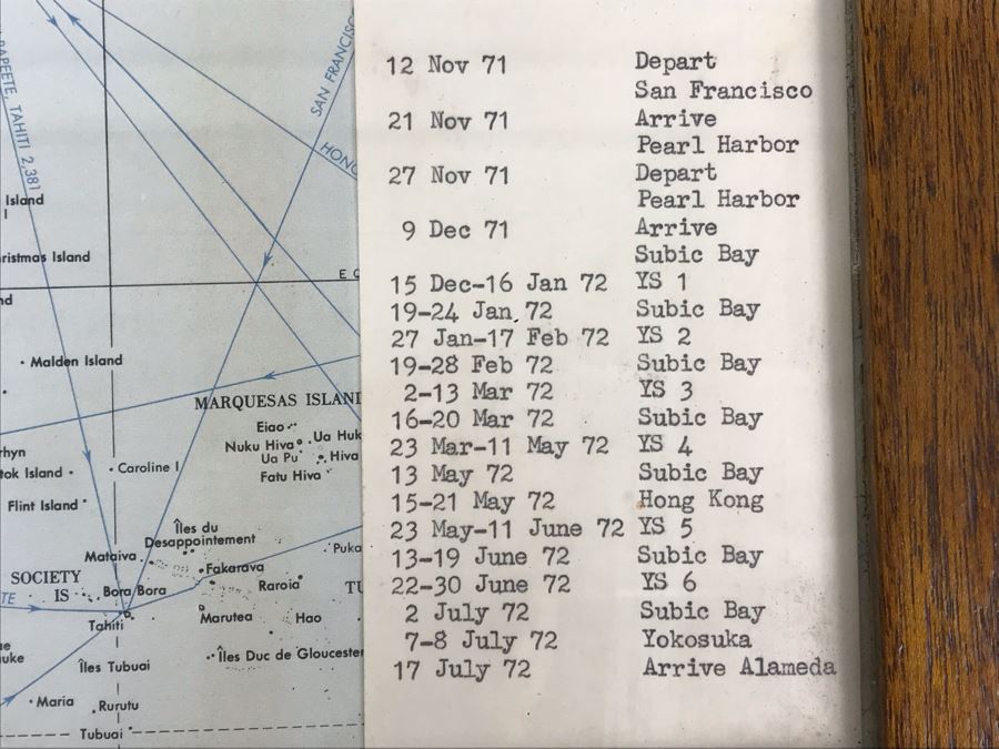 Tour Navigation Map Showing Route Of 1971-1972 Westpac Cruise USS Coral Sea CVA-43 'San Francisco's Own' From Navigation Department Framed In Vintage Oak Frame 20' X 16' [Photo 4]