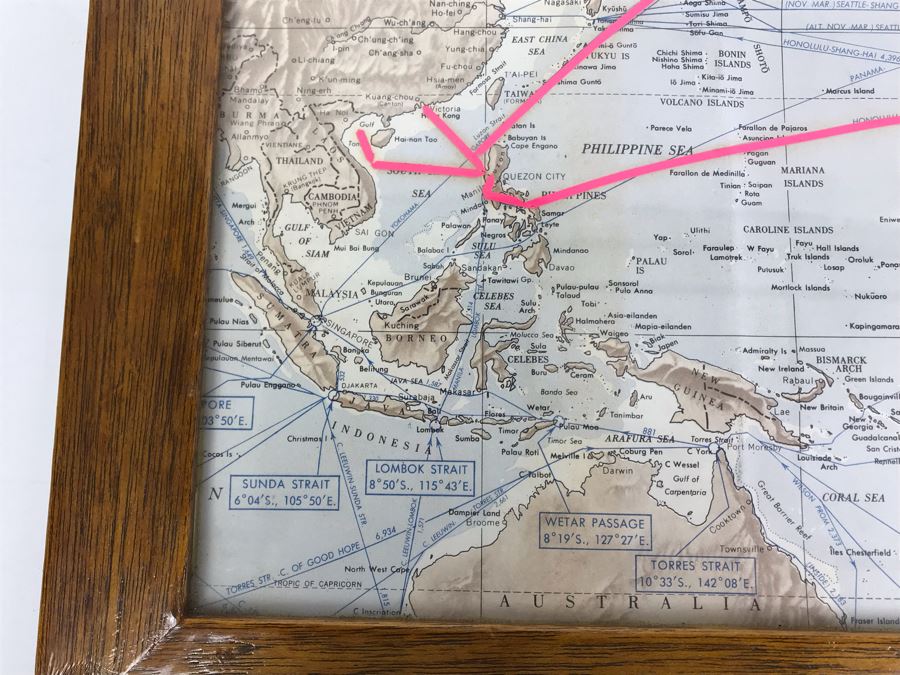 Tour Navigation Map Showing Route Of 1971-1972 Westpac Cruise USS Coral Sea CVA-43 'San Francisco's Own' From Navigation Department Framed In Vintage Oak Frame 20' X 16' [Photo 10]