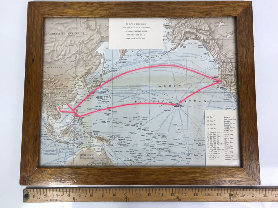 Tour Navigation Map Showing Route Of 1971-1972 Westpac Cruise USS Coral Sea CVA-43 'San Francisco's Own' From Navigation Department Framed In Vintage Oak Frame 20' X 16' [Photo 1]