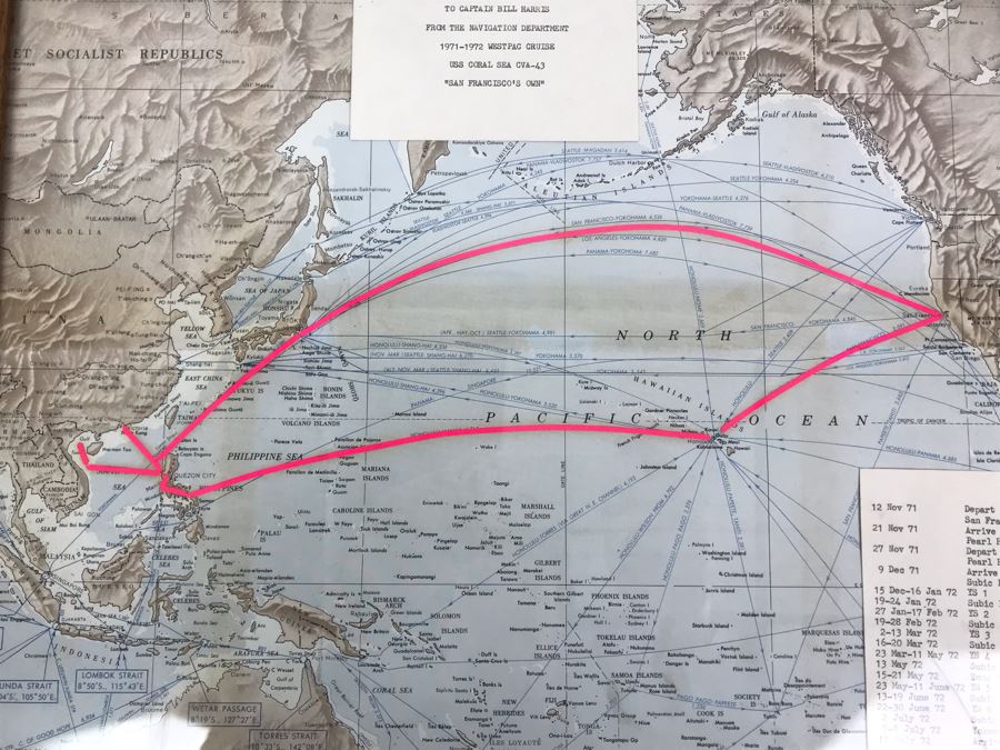 Tour Navigation Map Showing Route Of 1971-1972 Westpac Cruise USS Coral Sea CVA-43 'San Francisco's Own' From Navigation Department Framed In Vintage Oak Frame 20' X 16' [Photo 8]