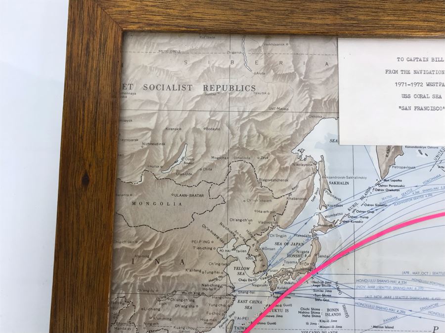 Tour Navigation Map Showing Route Of 1971-1972 Westpac Cruise USS Coral Sea CVA-43 'San Francisco's Own' From Navigation Department Framed In Vintage Oak Frame 20' X 16' [Photo 9]