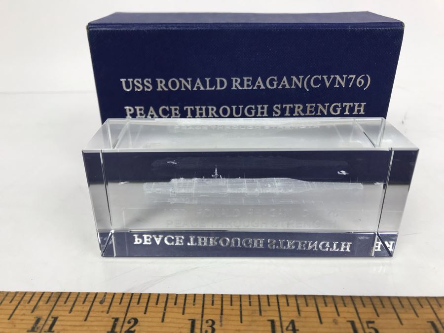 USS Ronald Reagan (CVN 76) Peace Through Strength Crystal 3D Image Of Ship Paperweight With Case