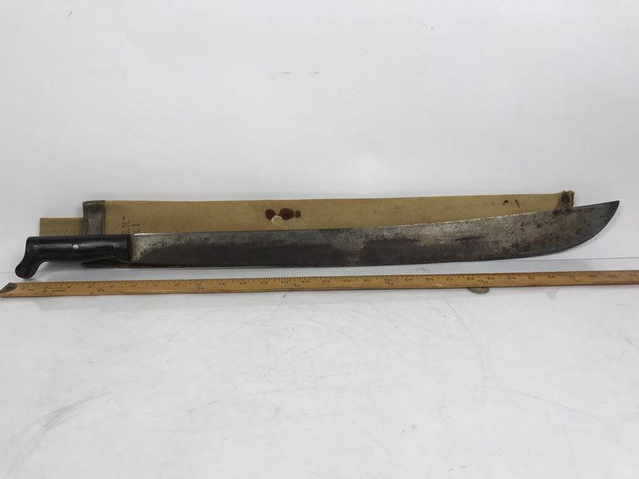 Vintage 1944 WWII Era U.S.N. Legitimus Collins & Co 26' Blade Machete Knife With MK-1 Canvas Sheath Scabbard Inscribed With WHH From William H. Harris, RADM, USN (Ret.) [Photo 5]