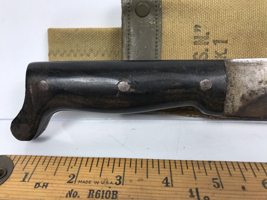 Vintage 1944 WWII Era U.S.N. Legitimus Collins & Co 26' Blade Machete Knife With MK-1 Canvas Sheath Scabbard Inscribed With WHH From William H. Harris, RADM, USN (Ret.) [Photo 4]