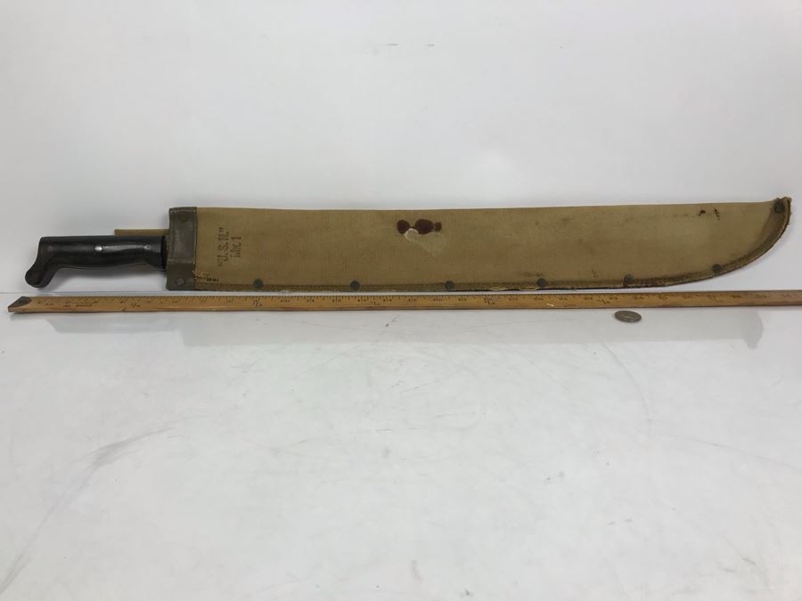 Vintage 1944 WWII Era U.S.N. Legitimus Collins & Co 26' Blade Machete Knife With MK-1 Canvas Sheath Scabbard Inscribed With WHH From William H. Harris, RADM, USN (Ret.) [Photo 6]