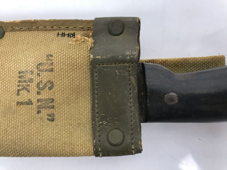 Vintage 1944 WWII Era U.S.N. Legitimus Collins & Co 26' Blade Machete Knife With MK-1 Canvas Sheath Scabbard Inscribed With WHH From William H. Harris, RADM, USN (Ret.) [Photo 17]