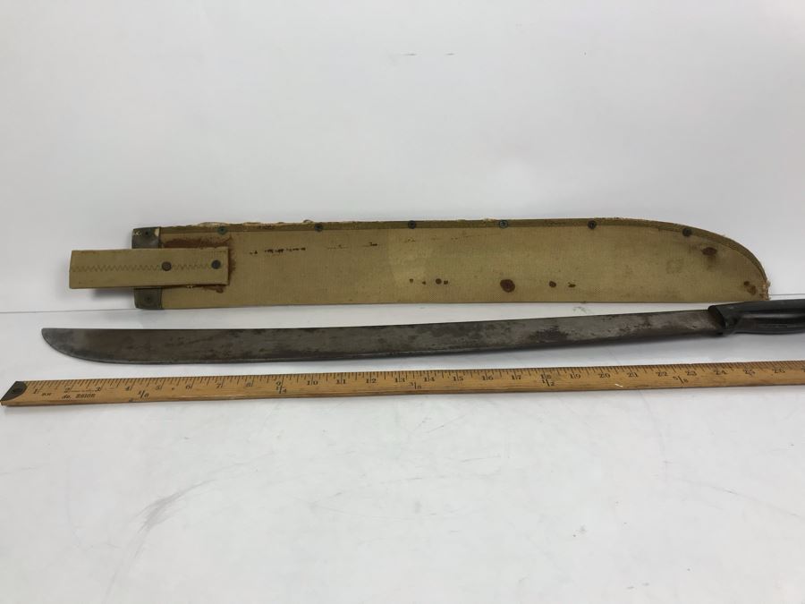 Vintage 1944 WWII Era U.S.N. Legitimus Collins & Co 26' Blade Machete Knife With MK-1 Canvas Sheath Scabbard Inscribed With WHH From William H. Harris, RADM, USN (Ret.) [Photo 13]