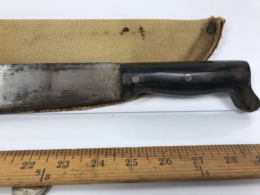 Vintage 1944 WWII Era U.S.N. Legitimus Collins & Co 26' Blade Machete Knife With MK-1 Canvas Sheath Scabbard Inscribed With WHH From William H. Harris, RADM, USN (Ret.) [Photo 10]