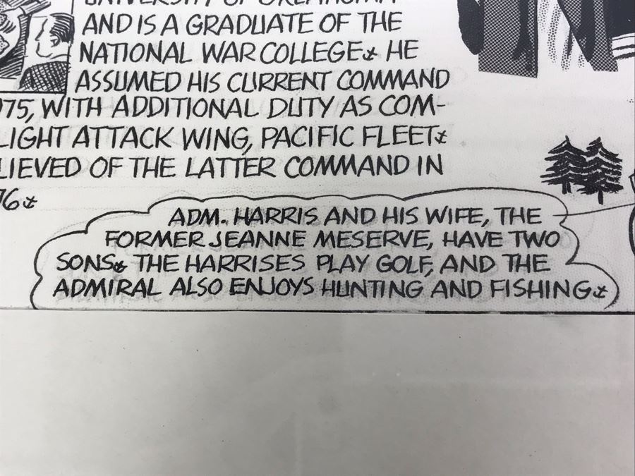 Original Signed Mario Demarco, Cartoonist, Illustrator Pen And Ink Drawing Of William H. Harris, RADM, USN (Ret.) Depicting Career In Cartoonist Format 19' X 15' [Photo 11]