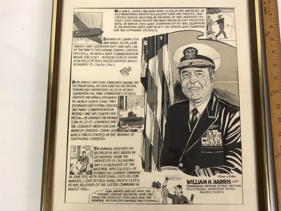 Original Signed Mario Demarco, Cartoonist, Illustrator Pen And Ink Drawing Of William H. Harris, RADM, USN (Ret.) Depicting Career In Cartoonist Format 19' X 15' [Photo 2]