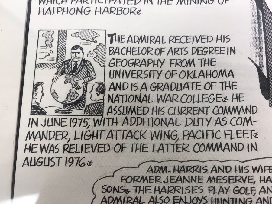 Original Signed Mario Demarco, Cartoonist, Illustrator Pen And Ink Drawing Of William H. Harris, RADM, USN (Ret.) Depicting Career In Cartoonist Format 19' X 15' [Photo 10]