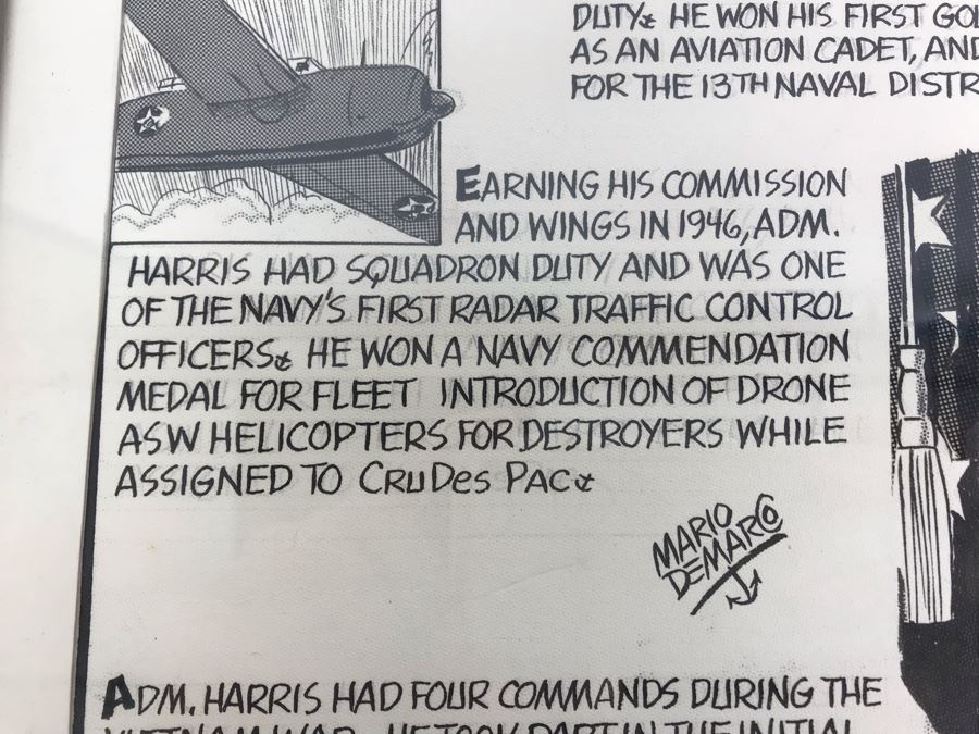 Original Signed Mario Demarco, Cartoonist, Illustrator Pen And Ink Drawing Of William H. Harris, RADM, USN (Ret.) Depicting Career In Cartoonist Format 19' X 15' [Photo 8]
