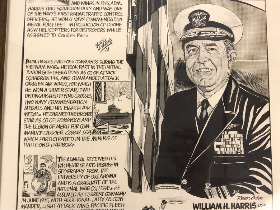 Original Signed Mario Demarco, Cartoonist, Illustrator Pen And Ink Drawing Of William H. Harris, RADM, USN (Ret.) Depicting Career In Cartoonist Format 19' X 15' [Photo 4]