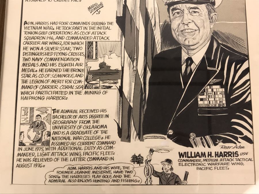 Original Signed Mario Demarco, Cartoonist, Illustrator Pen And Ink Drawing Of William H. Harris, RADM, USN (Ret.) Depicting Career In Cartoonist Format 19' X 15' [Photo 5]