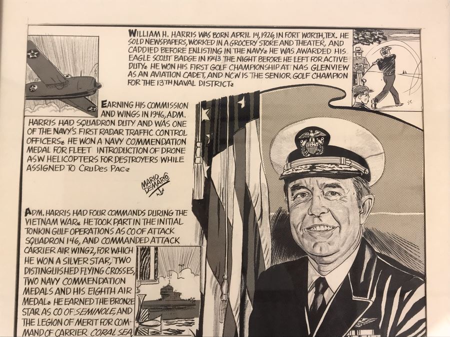 Original Signed Mario Demarco, Cartoonist, Illustrator Pen And Ink Drawing Of William H. Harris, RADM, USN (Ret.) Depicting Career In Cartoonist Format 19' X 15' [Photo 3]