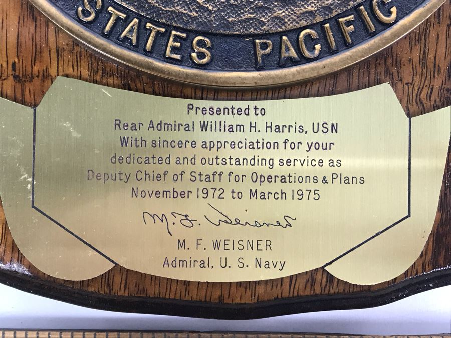 Wall Plaque Presented To Rear Admiral William H. Harris, USN For Outstanding Service As Deputy Chief Of Staff For Operations & Plans 1972-1975 Commander In Chief United States Pacific Fleet 10' X 10' [Photo 3]