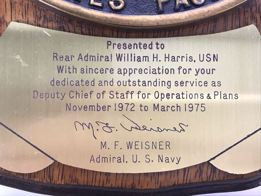 Wall Plaque Presented To Rear Admiral William H. Harris, USN For Outstanding Service As Deputy Chief Of Staff For Operations & Plans 1972-1975 Commander In Chief United States Pacific Fleet 10' X 10' [Photo 4]