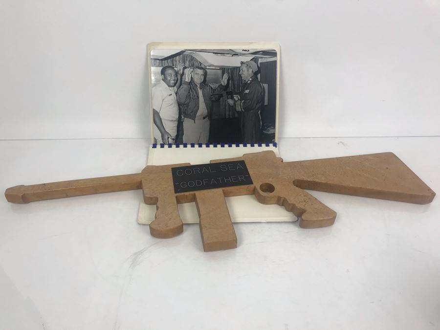 Carved Wooden Gun With Inscription 'Coral Sea Godfather' And Photograph Book Titled 'To The Coral Sea Godfather From The Coral Sea Family' Recognizing William H. Harris, RADM, USN (Ret.) [Photo 2]