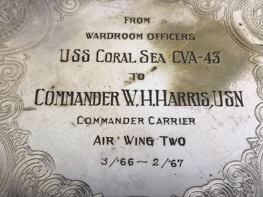 Hecworth Silverplate Serving Tray Inscribed 'From Wardroom Officers USS Coral Sea CVA-43 To Commander W.H. Harris, USN Commander Carrier Air Wing Two 3/'66 - 2/'67' 16'R And VIP USS Coral Sea Hat [Photo 3]