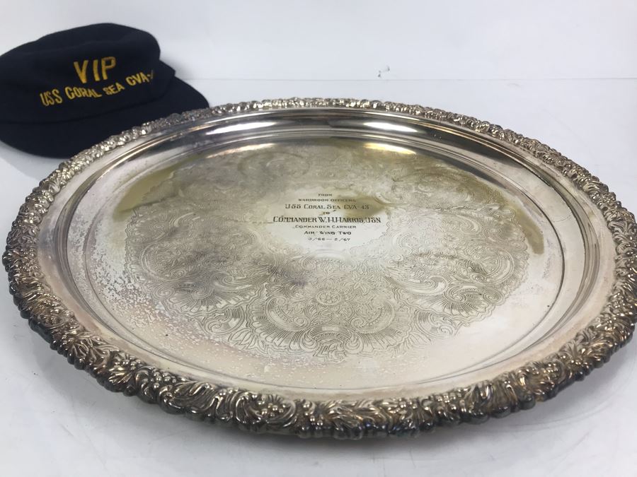 Hecworth Silverplate Serving Tray Inscribed 'From Wardroom Officers USS Coral Sea CVA-43 To Commander W.H. Harris, USN Commander Carrier Air Wing Two 3/'66 - 2/'67' 16'R And VIP USS Coral Sea Hat [Photo 9]