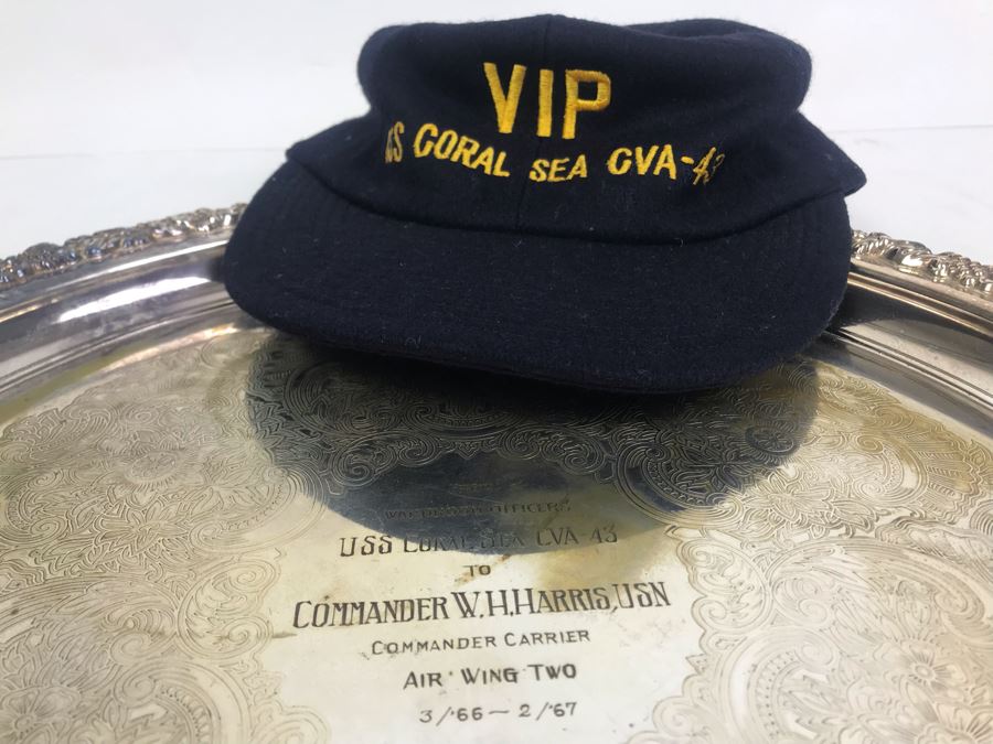 Hecworth Silverplate Serving Tray Inscribed 'From Wardroom Officers USS Coral Sea CVA-43 To Commander W.H. Harris, USN Commander Carrier Air Wing Two 3/'66 - 2/'67' 16'R And VIP USS Coral Sea Hat [Photo 7]