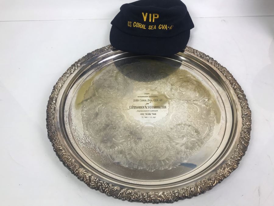 Hecworth Silverplate Serving Tray Inscribed 'From Wardroom Officers USS Coral Sea CVA-43 To Commander W.H. Harris, USN Commander Carrier Air Wing Two 3/'66 - 2/'67' 16'R And VIP USS Coral Sea Hat [Photo 4]