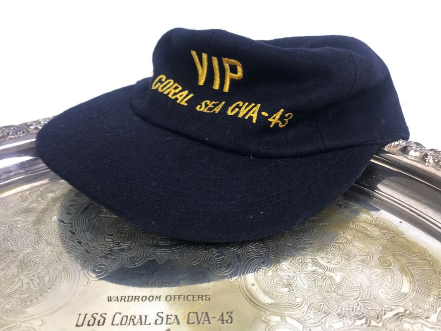 Hecworth Silverplate Serving Tray Inscribed 'From Wardroom Officers USS Coral Sea CVA-43 To Commander W.H. Harris, USN Commander Carrier Air Wing Two 3/'66 - 2/'67' 16'R And VIP USS Coral Sea Hat [Photo 8]