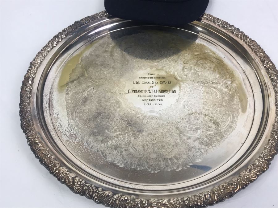 Hecworth Silverplate Serving Tray Inscribed 'From Wardroom Officers USS Coral Sea CVA-43 To Commander W.H. Harris, USN Commander Carrier Air Wing Two 3/'66 - 2/'67' 16'R And VIP USS Coral Sea Hat [Photo 5]