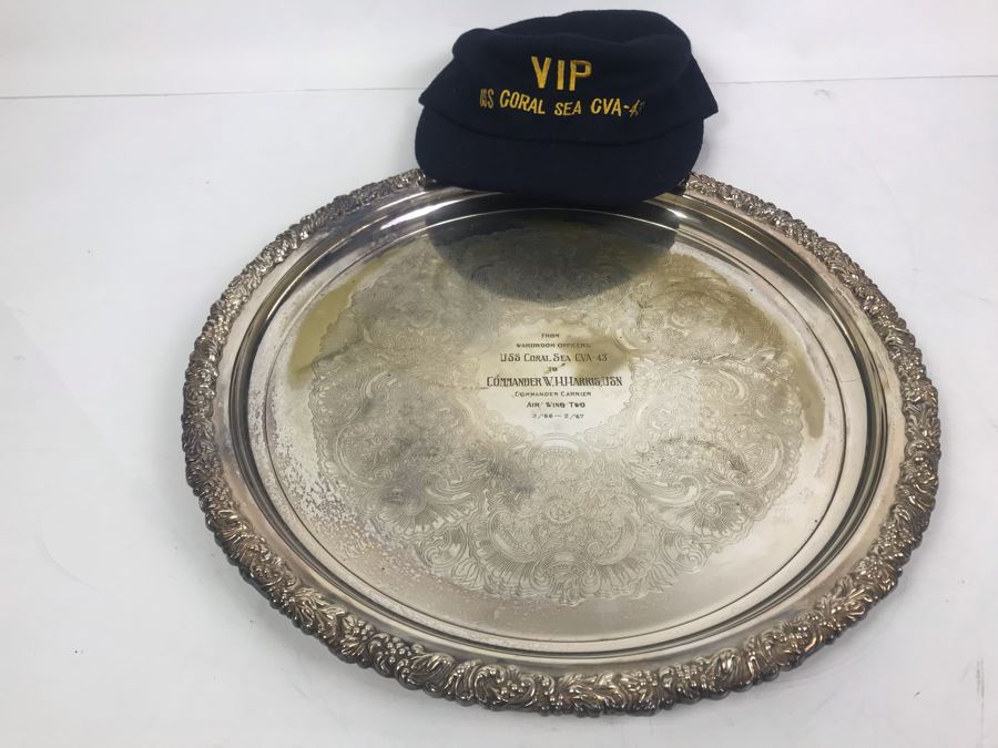 Hecworth Silverplate Serving Tray Inscribed 'From Wardroom Officers USS Coral Sea CVA-43 To Commander W.H. Harris, USN Commander Carrier Air Wing Two 3/'66 - 2/'67' 16'R And VIP USS Coral Sea Hat [Photo 2]