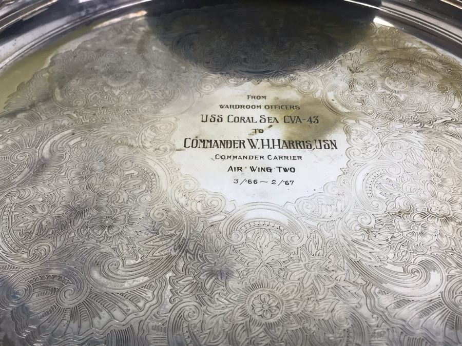 Hecworth Silverplate Serving Tray Inscribed 'From Wardroom Officers USS Coral Sea CVA-43 To Commander W.H. Harris, USN Commander Carrier Air Wing Two 3/'66 - 2/'67' 16'R And VIP USS Coral Sea Hat [Photo 6]