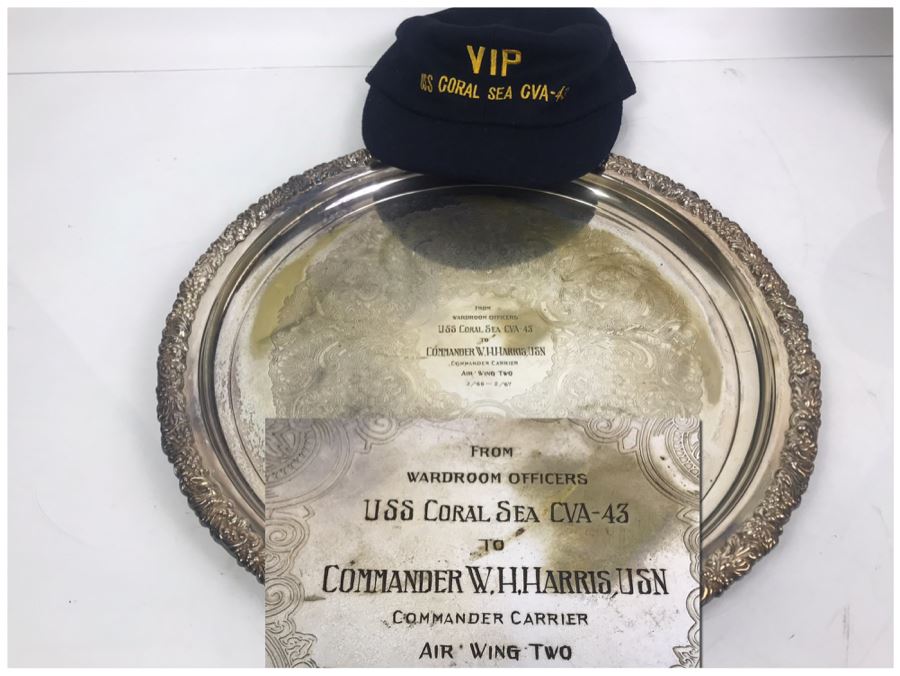 Hecworth Silverplate Serving Tray Inscribed 'From Wardroom Officers USS Coral Sea CVA-43 To Commander W.H. Harris, USN Commander Carrier Air Wing Two 3/'66 - 2/'67' 16'R And VIP USS Coral Sea Hat [Photo 1]