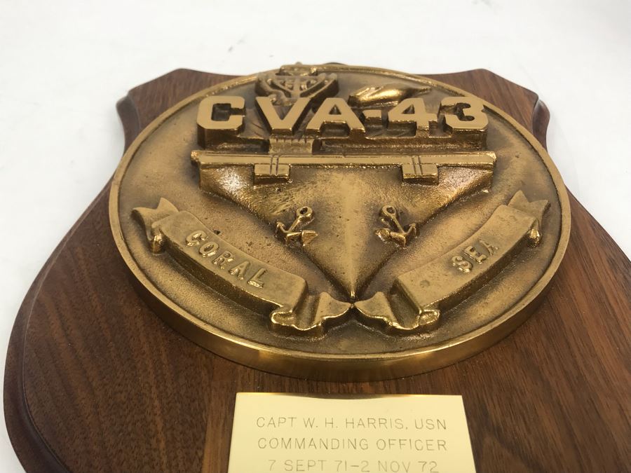 Very Heavy Relief Brass Plaque On Wood Coral Sea CVA-43 Inscribed Capt W.H. Harris, USN Commanding Officer 7 Sept 71 - 2 Nov 72 12'H [Photo 7]