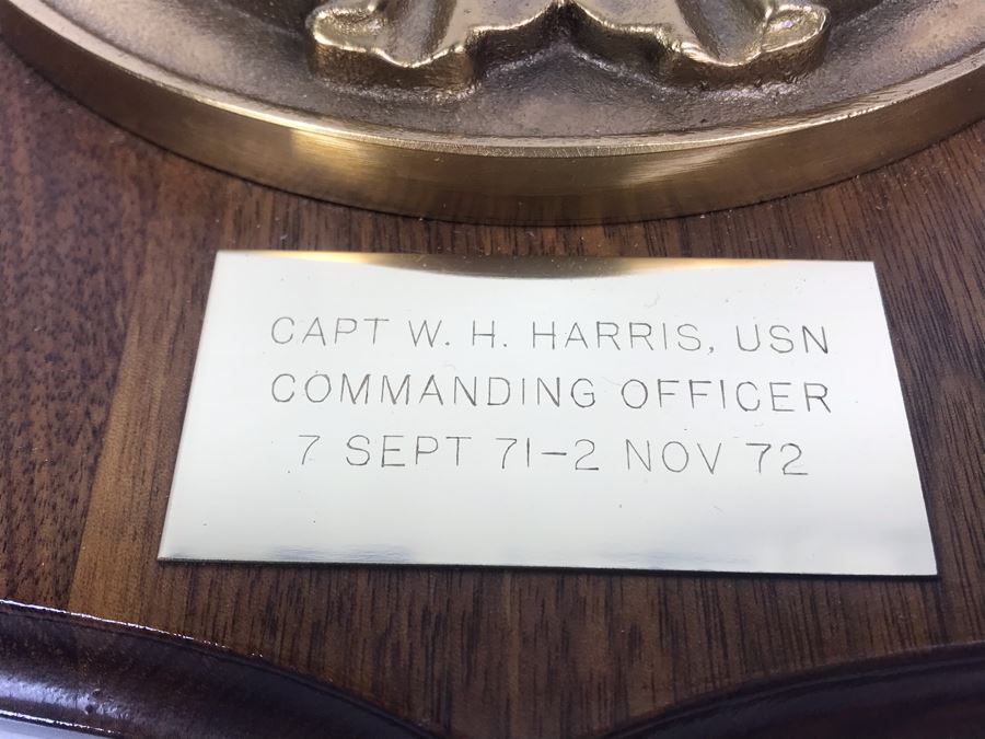 Very Heavy Relief Brass Plaque On Wood Coral Sea CVA-43 Inscribed Capt W.H. Harris, USN Commanding Officer 7 Sept 71 - 2 Nov 72 12'H [Photo 5]