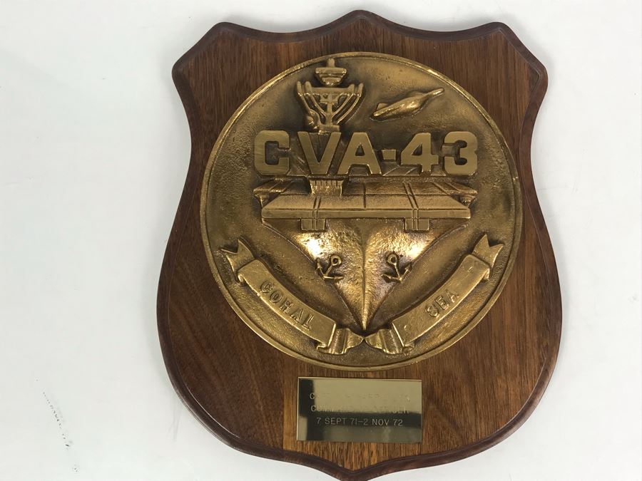 Very Heavy Relief Brass Plaque On Wood Coral Sea CVA-43 Inscribed Capt W.H. Harris, USN Commanding Officer 7 Sept 71 - 2 Nov 72 12'H [Photo 1]