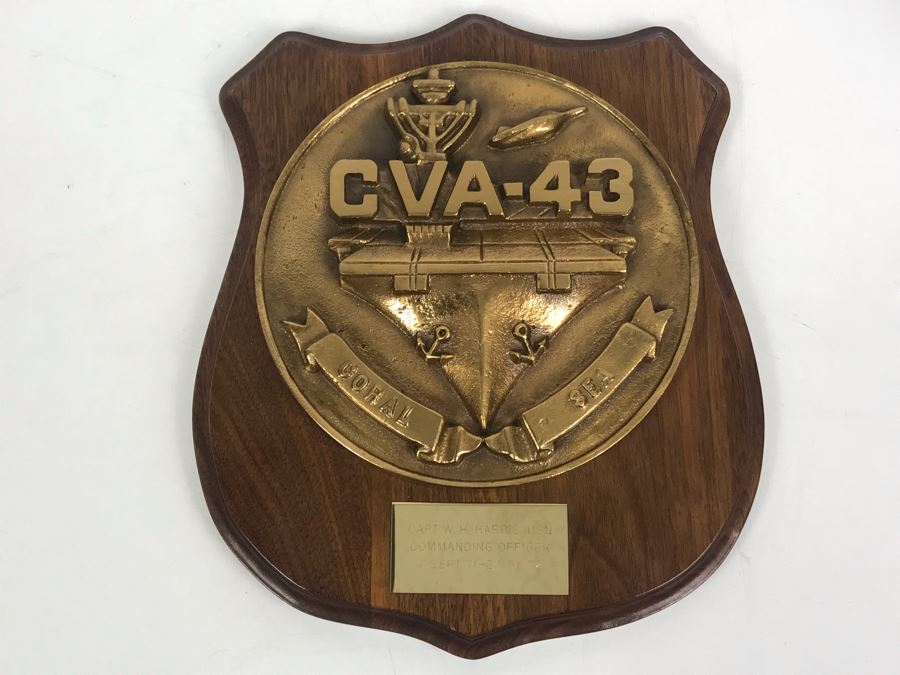 Very Heavy Relief Brass Plaque On Wood Coral Sea CVA-43 Inscribed Capt W.H. Harris, USN Commanding Officer 7 Sept 71 - 2 Nov 72 12'H [Photo 2]