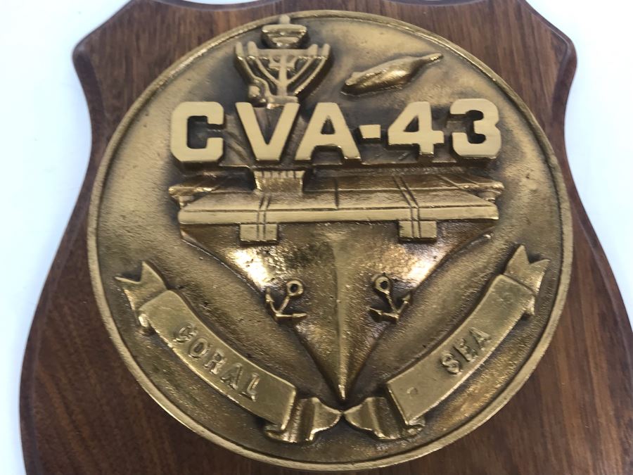 Very Heavy Relief Brass Plaque On Wood Coral Sea CVA-43 Inscribed Capt W.H. Harris, USN Commanding Officer 7 Sept 71 - 2 Nov 72 12'H [Photo 8]
