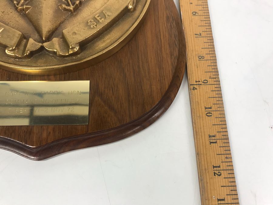 Very Heavy Relief Brass Plaque On Wood Coral Sea CVA-43 Inscribed Capt W.H. Harris, USN Commanding Officer 7 Sept 71 - 2 Nov 72 12'H [Photo 11]